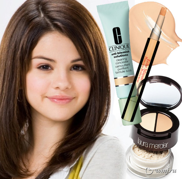 Селена Гомес, а также маскирующее средство Anti-Blemish Solutions Clearing Concealer от Clinique, корректор, придающий сияние и улучшающий цвет лица, Eclat Minute от Clarins, набор консилеров Undercover Concealer Pot от Laura Mercier