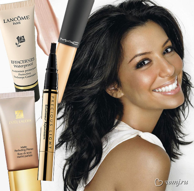 Ева Лонгория, а также корректор Effacernes Waterproof от Lancome, корректор Precious Light от Guerlain, увлажняющий корректор от MAC и матирующая база под макияж от Estee Lauder