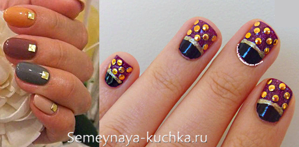 стразы и заклепки на коротком маникюре